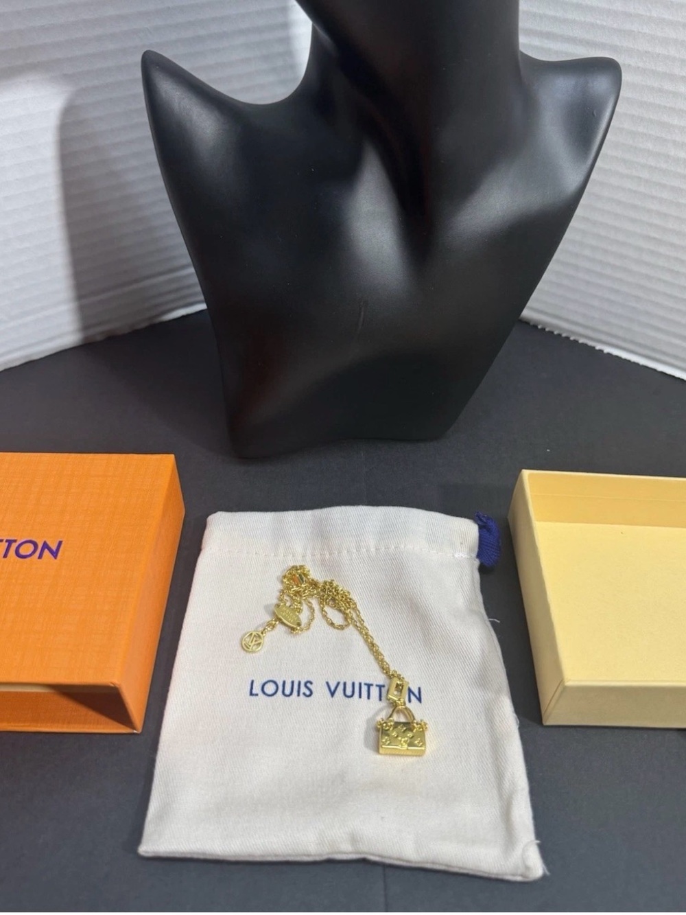 Louis Vuitton Gold Padlock Charm Necklace on Branded Pouch